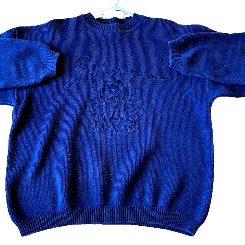 Vintage 80s Z Cavaricci Mens Knit Sweater Fisherman Embroidered Monogram Crest L